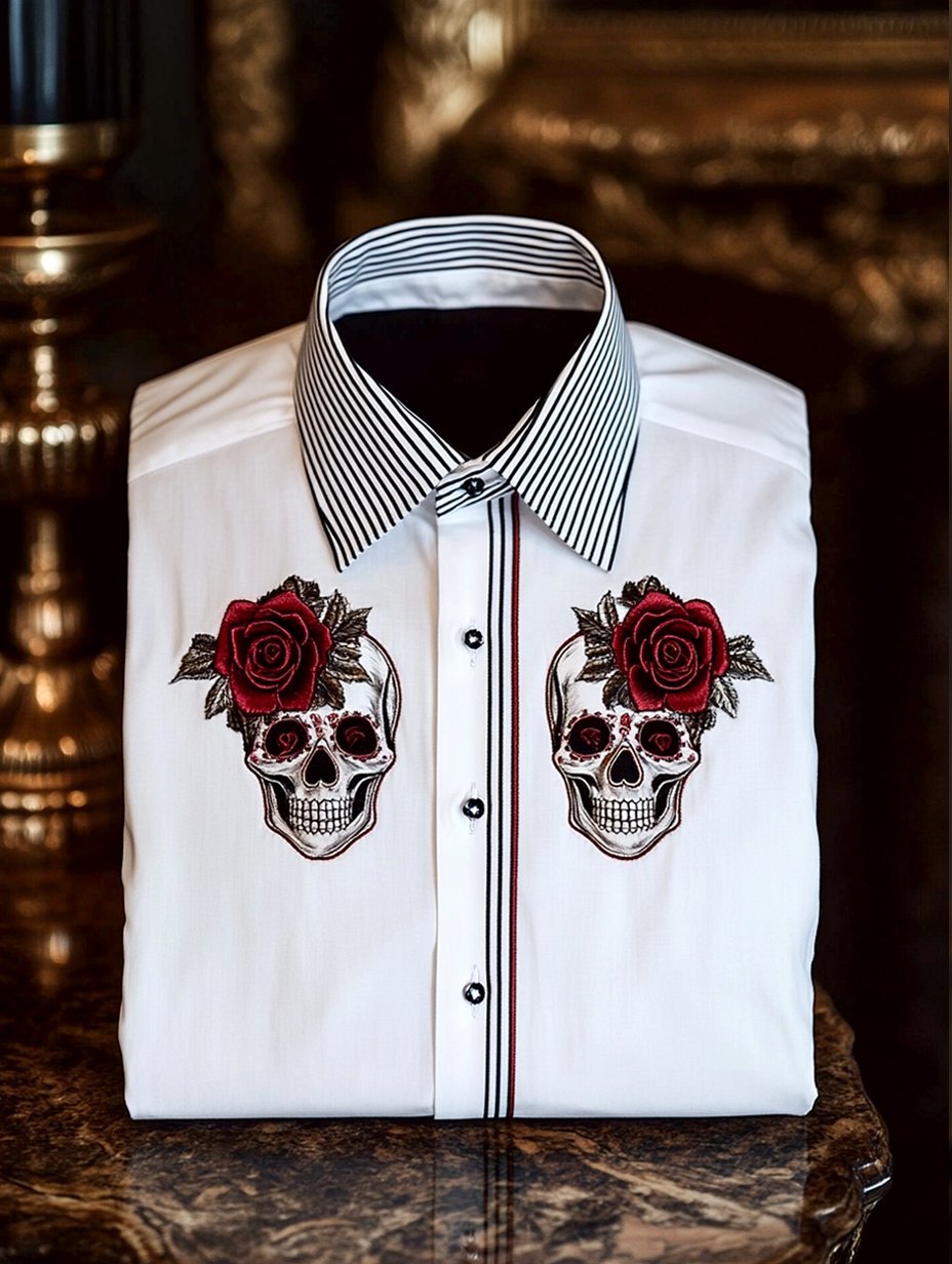 Camisa satén Skull Rose casual de manga larga con botones para hombre