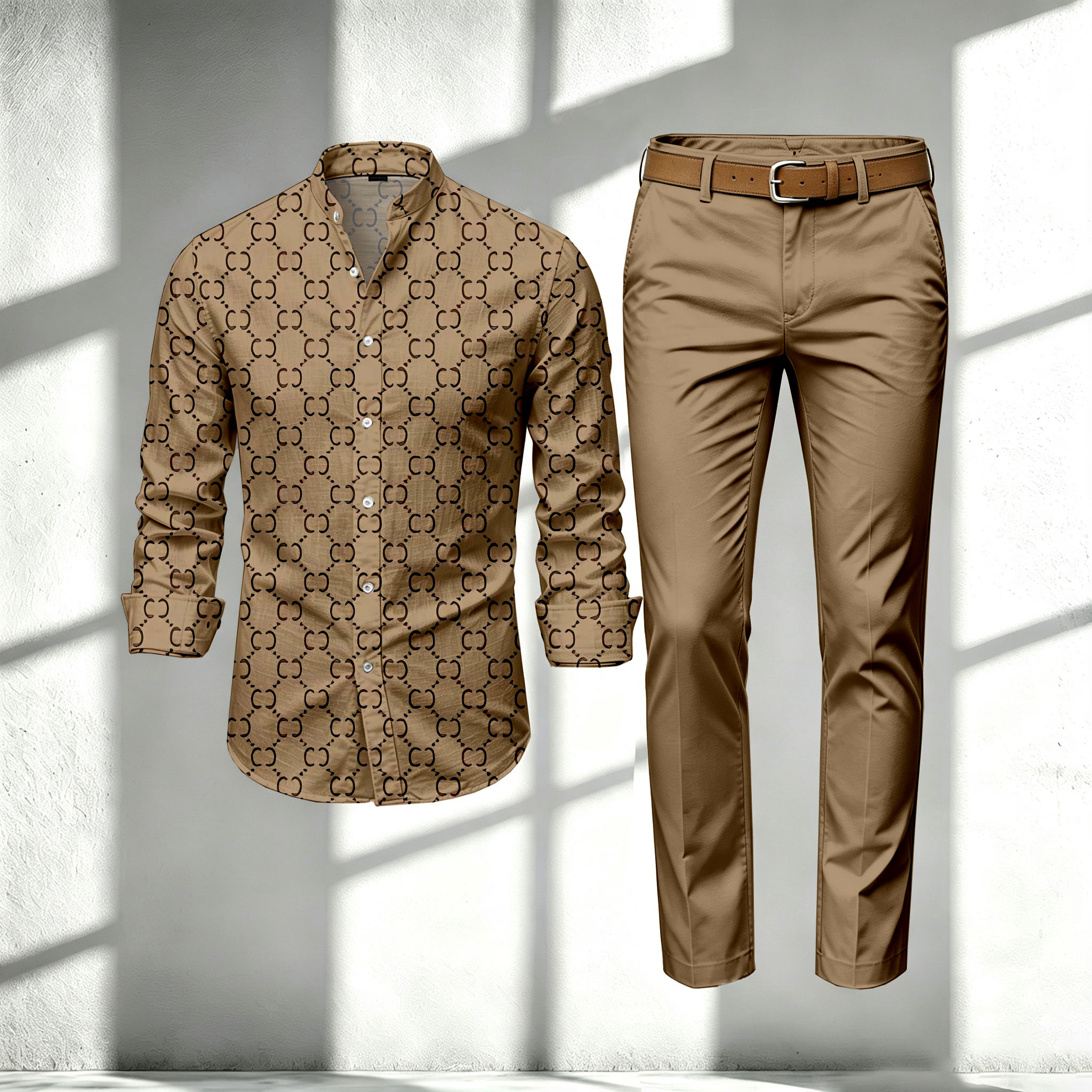 para hombre Brown Stand-Collar de manga larga camisa and pantalón Set
