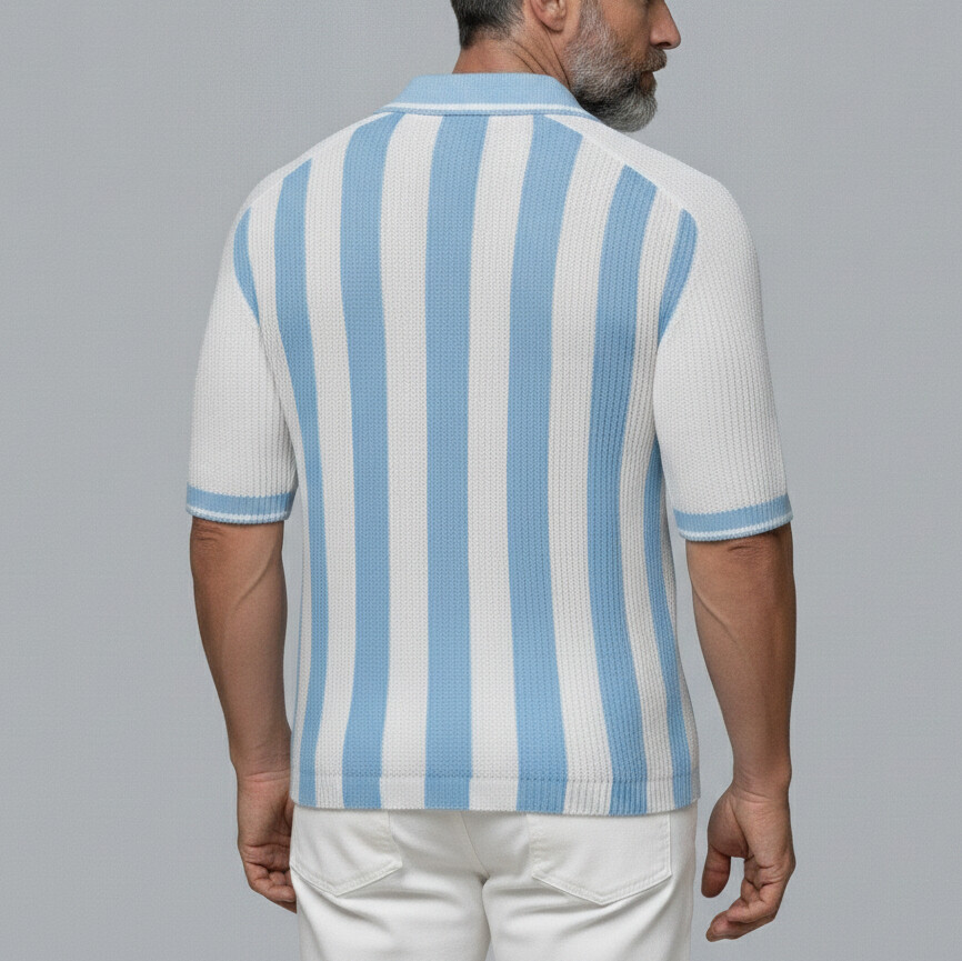 Camisa polo White Contrast a rayas Pattern tejidoted de manga corta para hombre