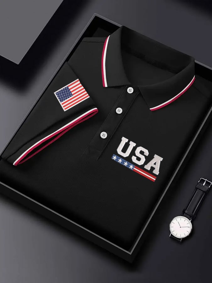 Camisa polo Independence Day Flag estampado casual para hombre