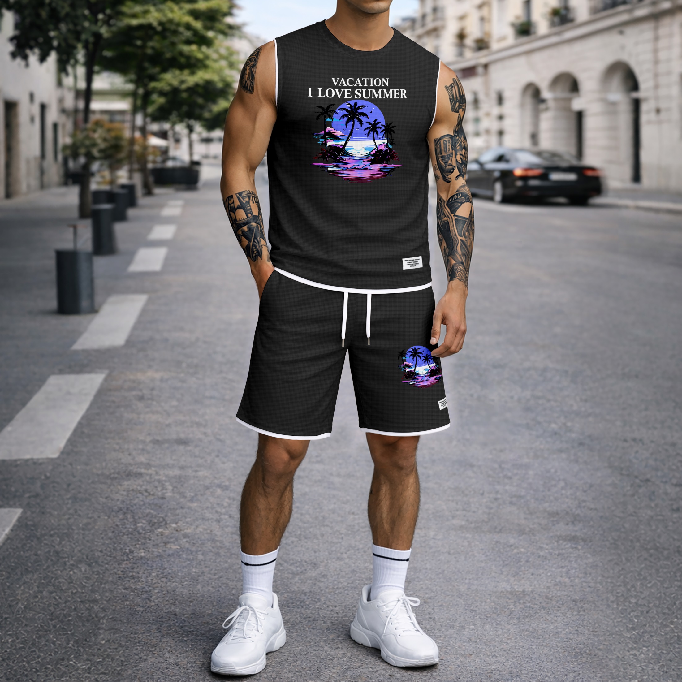 Shorts Tropical Beach Graphic estampado Summer Set Sleeveless Tank Top & Matching Outfit, Vacation Island estampado Lightweight casual Streetwear Set for Everyday & Holiday para hombre