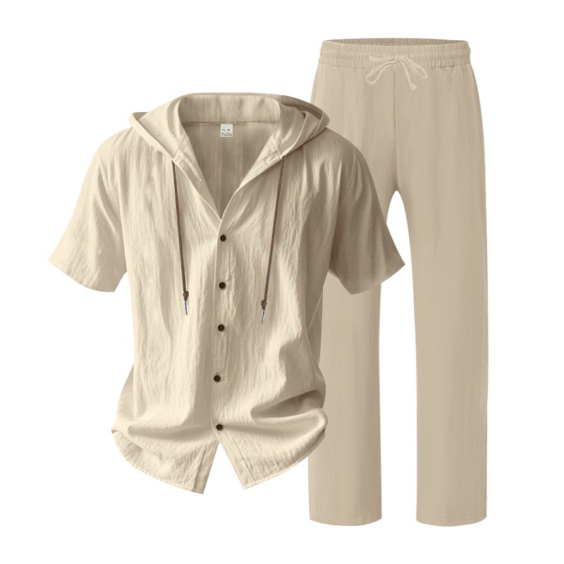 Conjunto de dos piezas de lino casual Hooded de manga corta camisa and holgado pantalón Set, Lightweight transpirable Summer Beach Vacation Outfit, Drawstring Relaxed Fit for para uso diario Wear Travel Resort Loungewear Comfortable elegante Summer Outfit para hombre