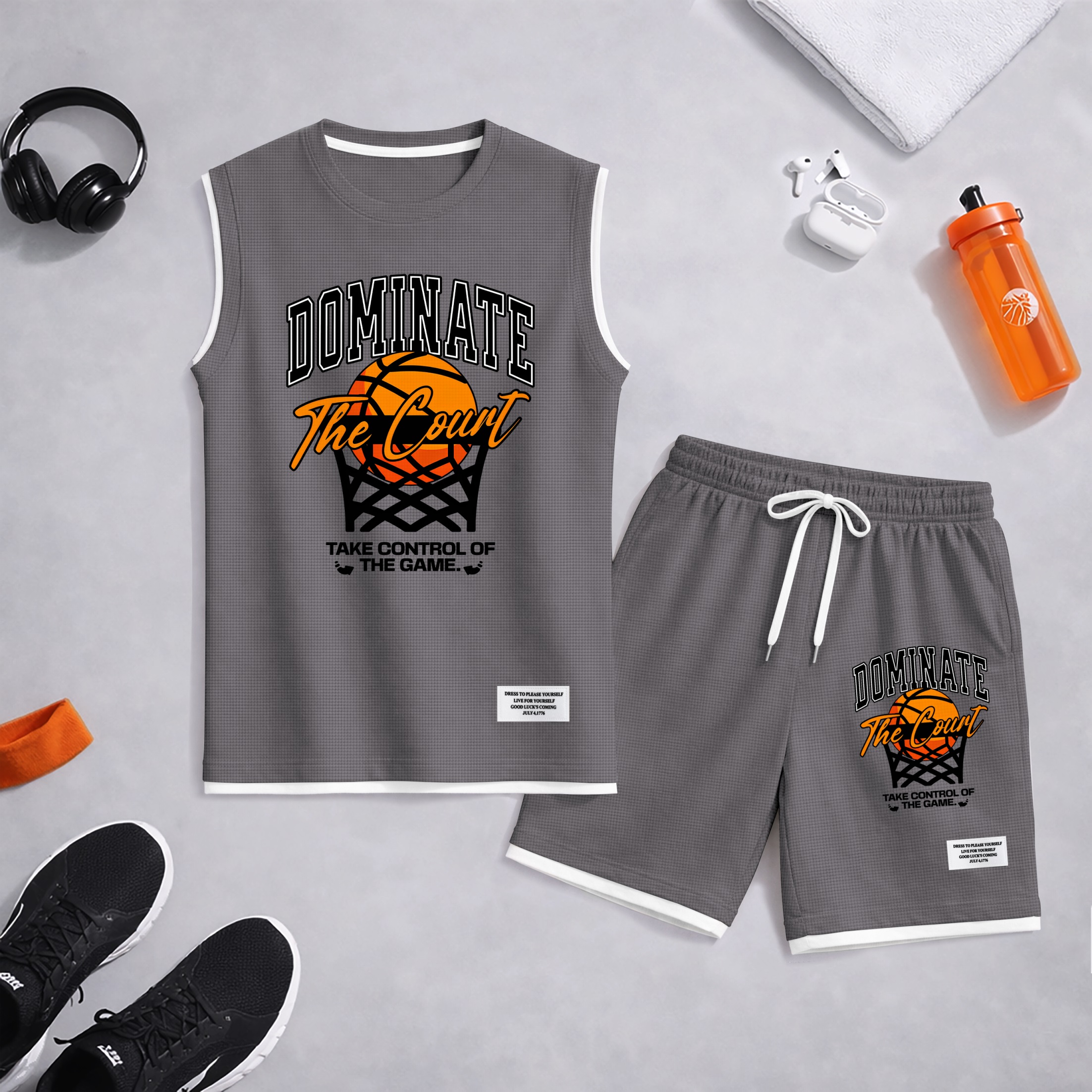 Shorts Basketball Graphic estampado Summer Set Sleeveless Tank Top & Matching Outfit, “Dominate The Court” Letter estampado with Hoop & Ball Design, Lightweight casual Streetwear Athletic Set for Everyday & para trabajoout para hombre