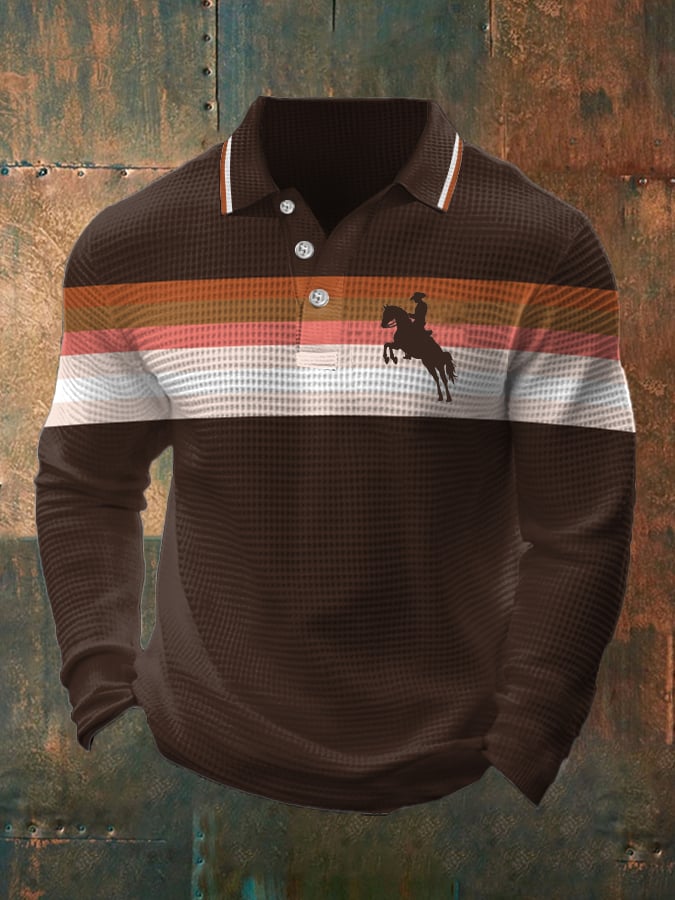 Camisa polo retro Lettering Design Waffle Fabric de manga larga para hombre