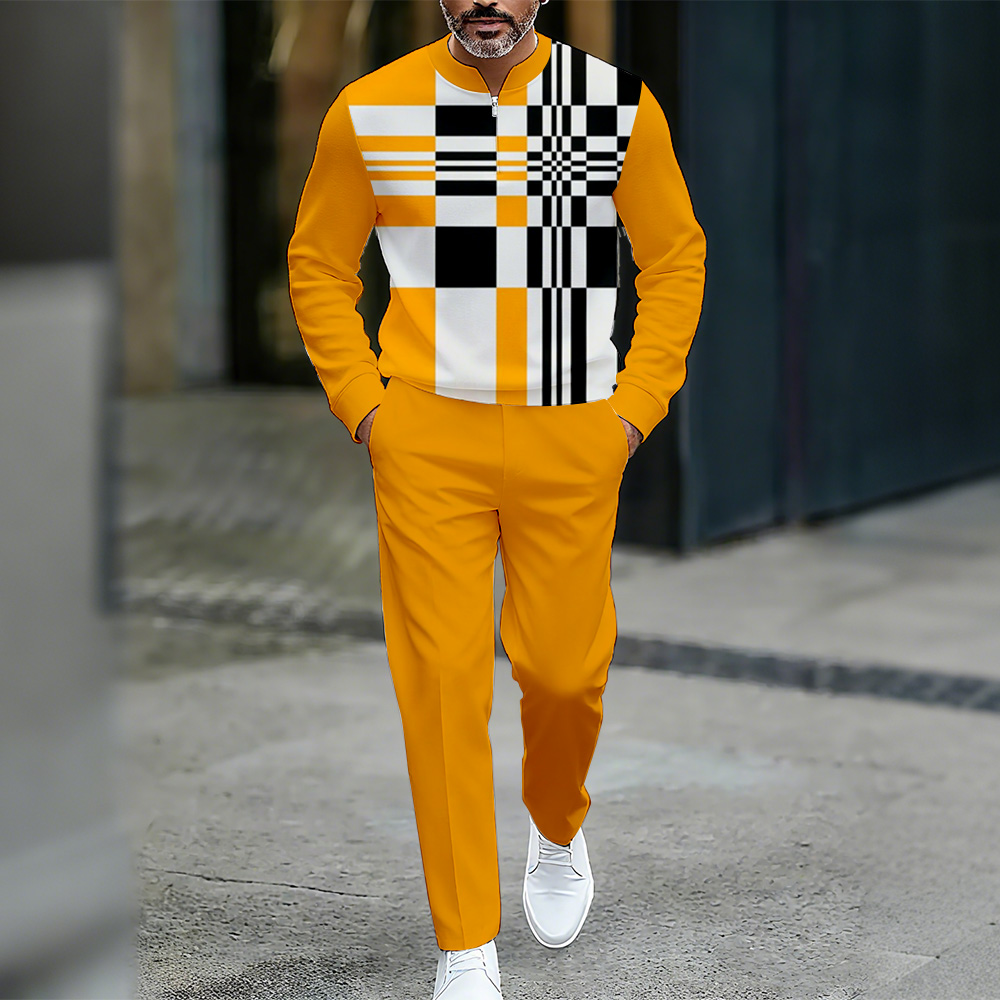 Conjunto de dos piezas casual Color Matching estampado Round-Neck Zipper de manga larga Trousers para hombre