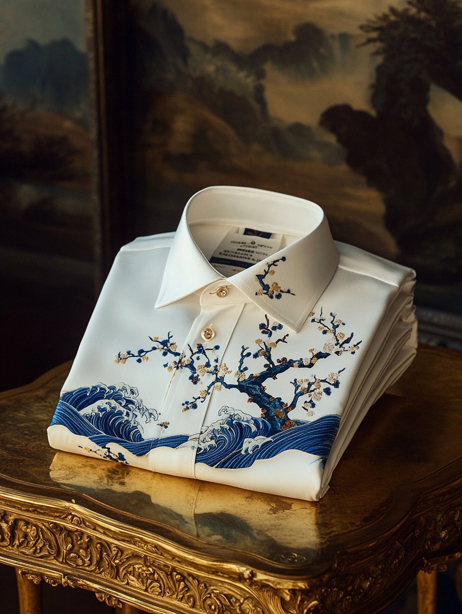Camisa Ukiyo-e de lujo satén de manga larga para hombre