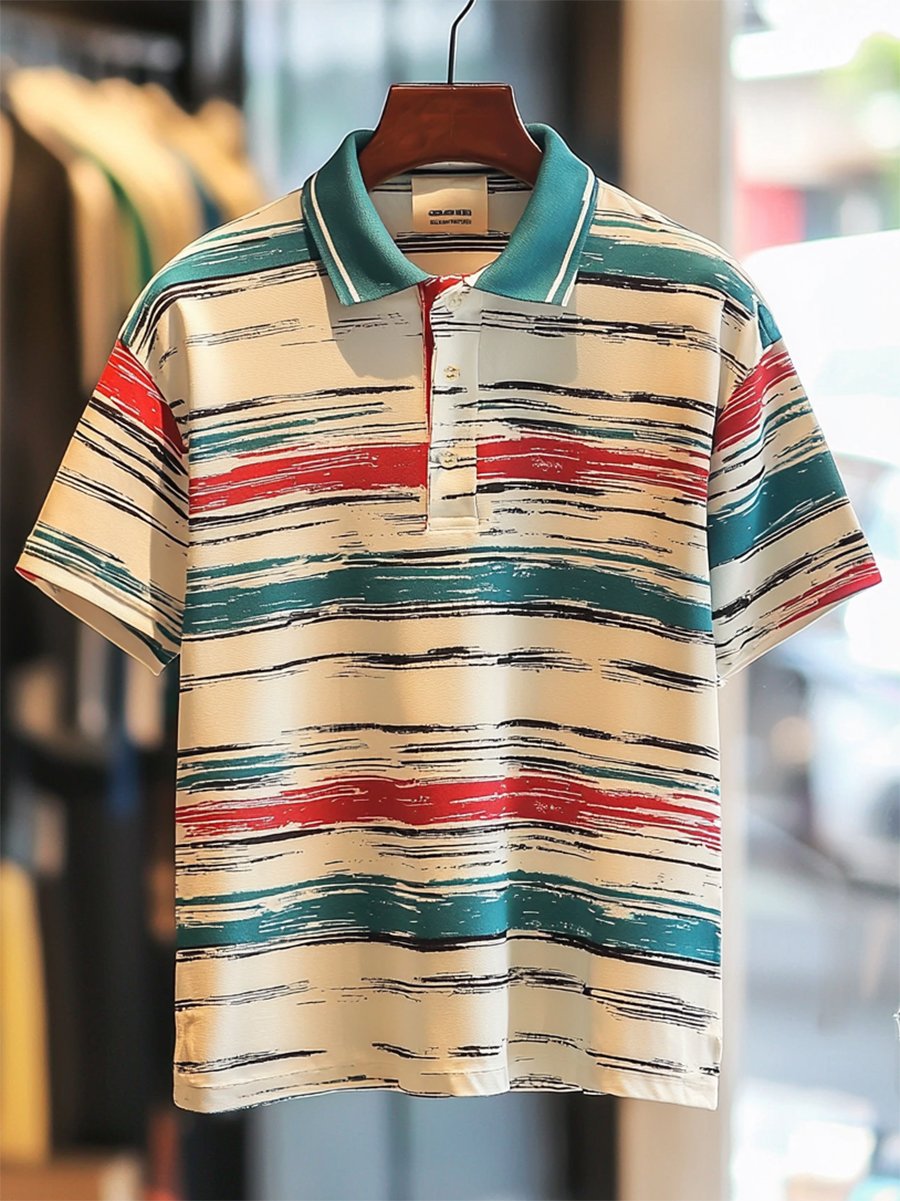 Camisa polo ejecutivo casual rayas estampado Button de manga corta para hombre