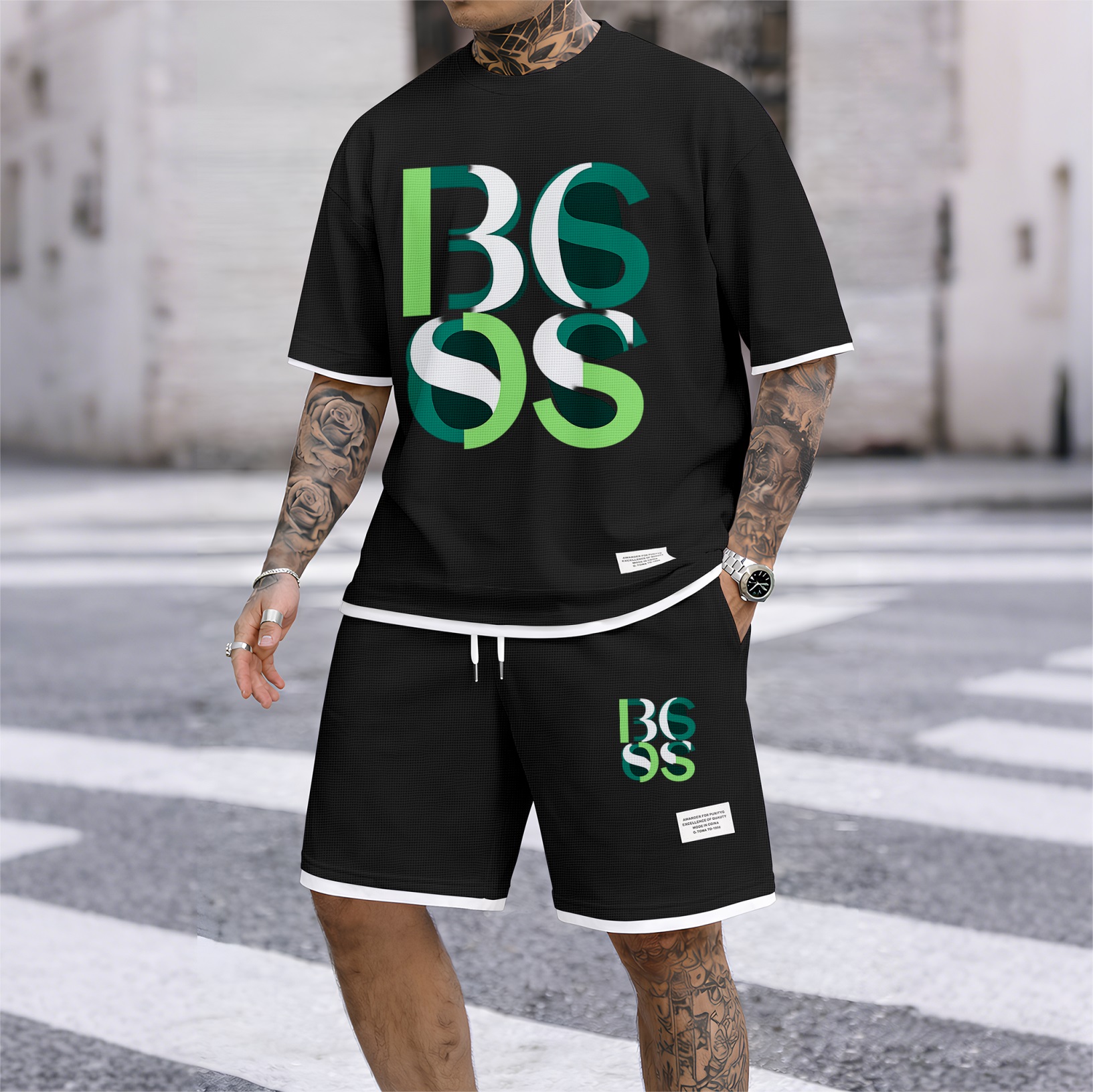 Camisa de lujo tejido tipo waffle de manga corta & shorts Set 10 para hombre