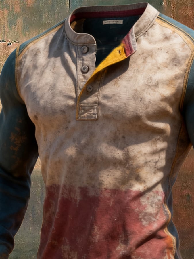 Retro en bloques de color de manga larga Henley para hombre