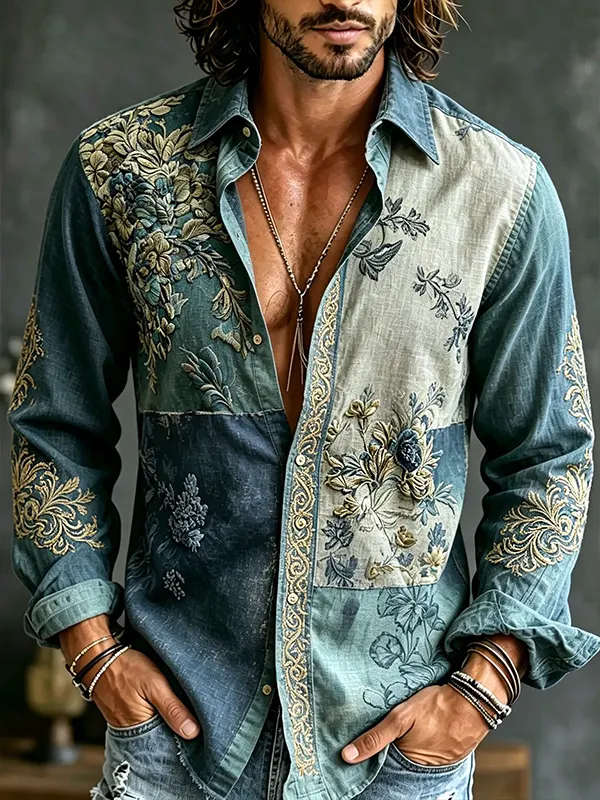 para hombre vintage Boho floral Patchwork Art Print de manga larga camisa