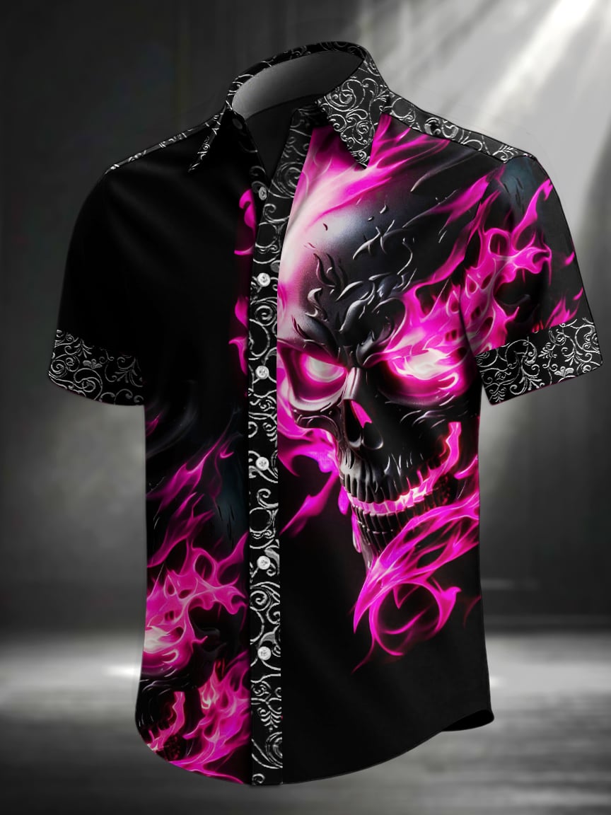 Camisa retro Skull estampado solapa de manga corta para hombre