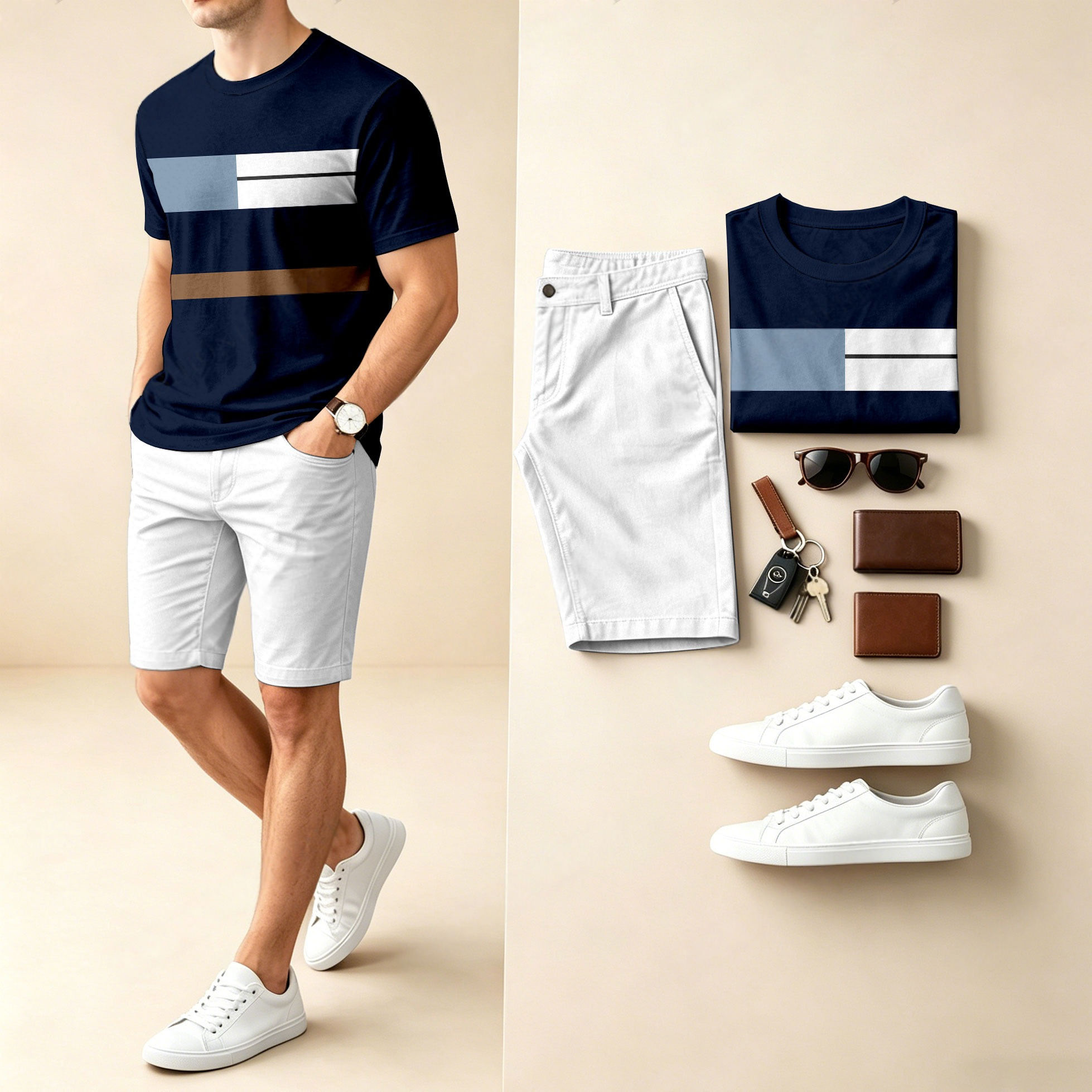 Conjunto de dos piezas casual Color-Blocked estampado Round-Neck de manga corta camiseta And shorts para hombre
