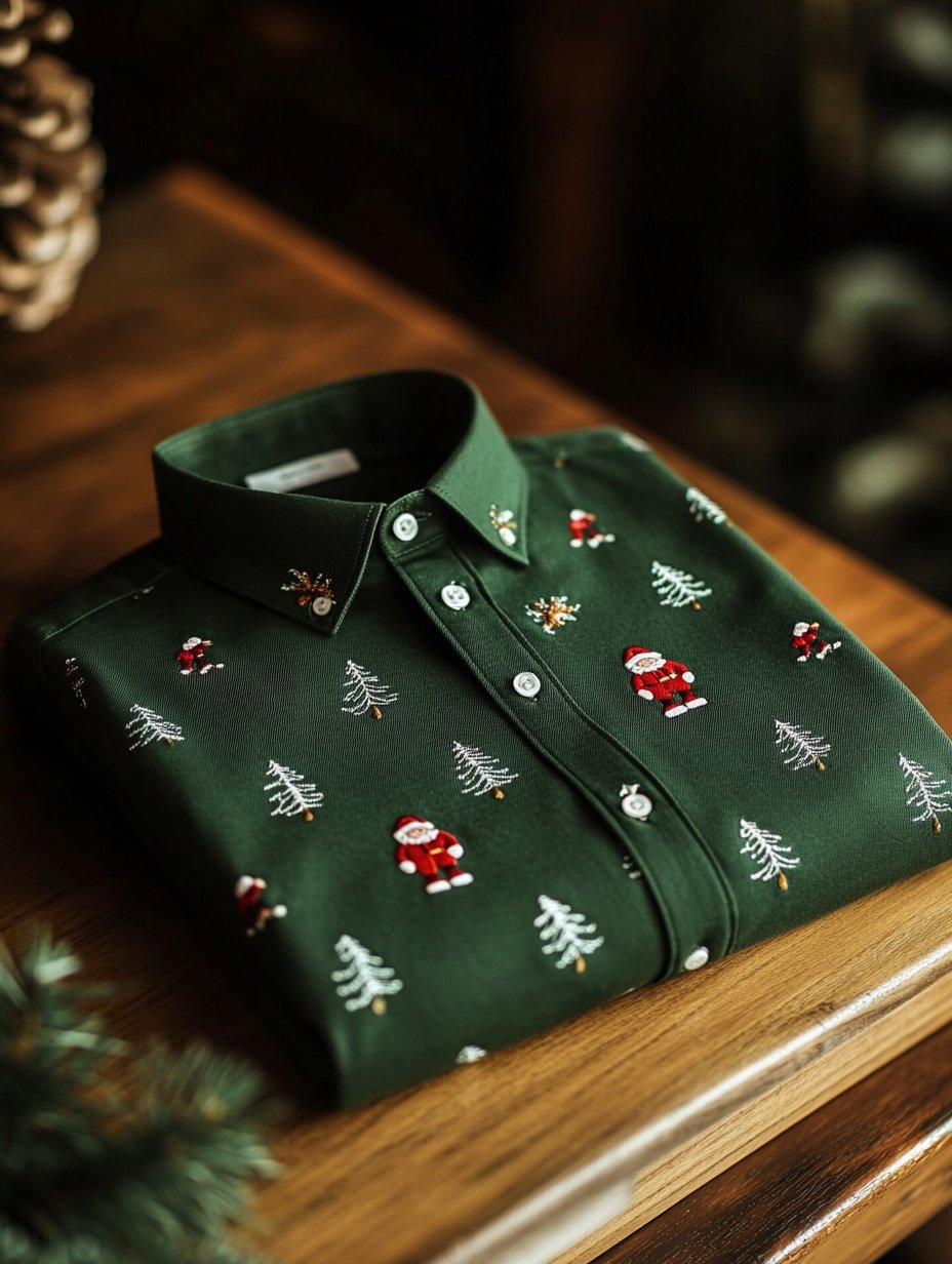 Camisa ejecutivo de lujo Christmas Evergreen Pine and Santa Claus estampado de manga larga para hombre