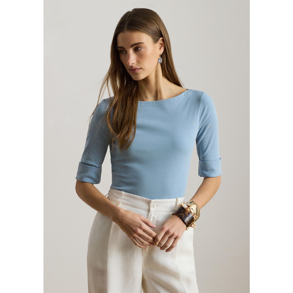 Petite Stretch Cotton Boat Neck T-Shirt - 1