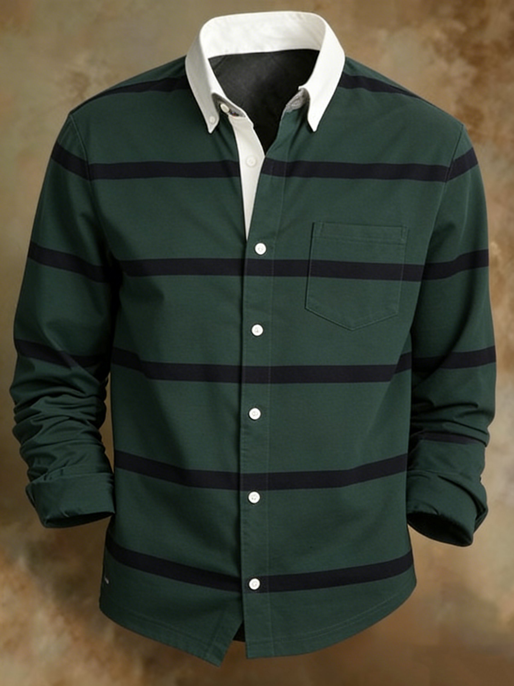 Camisa retro a rayas diseño estampado Army Green para hombre
