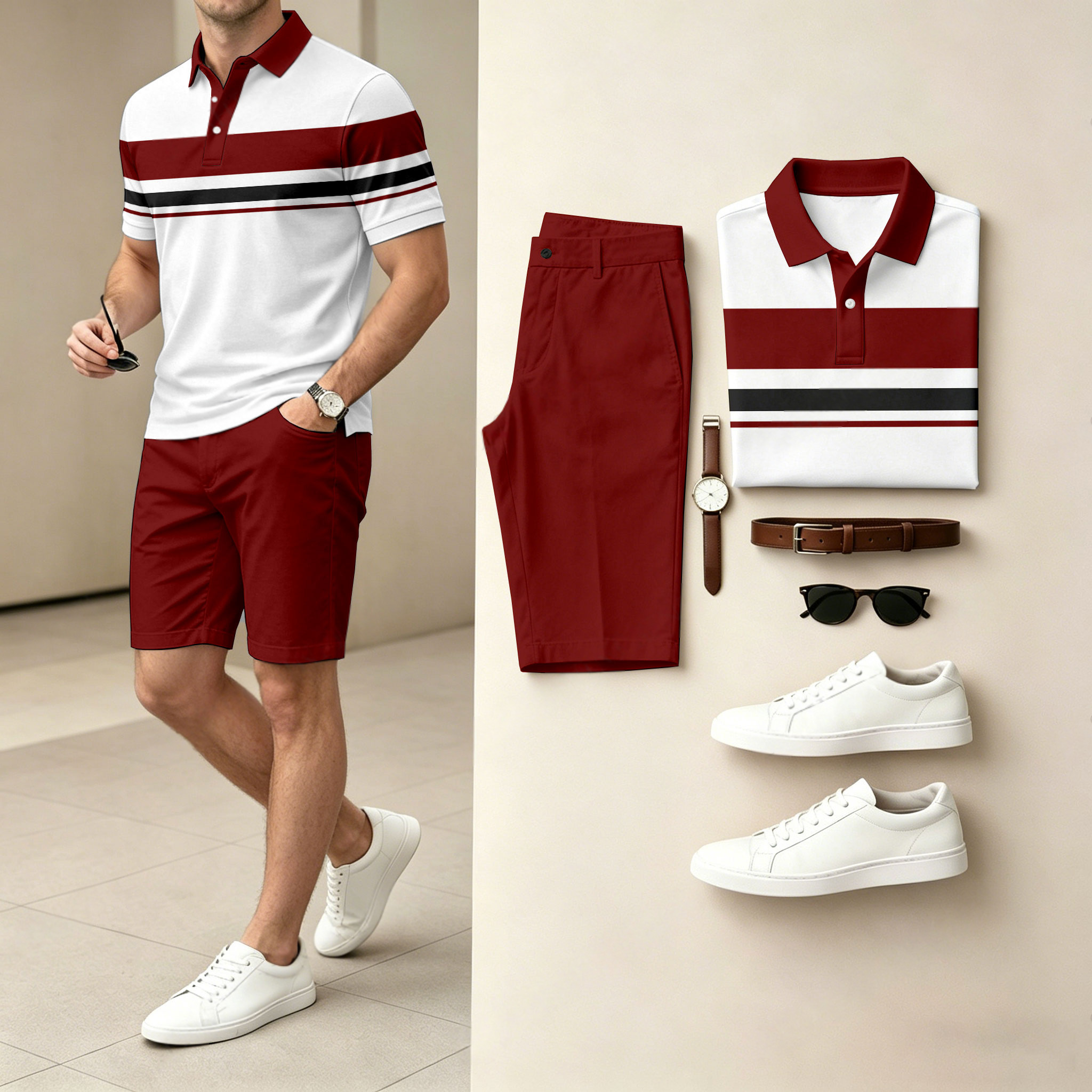 Conjunto de dos piezas casual Geometric Color camisa polo & shorts para hombre