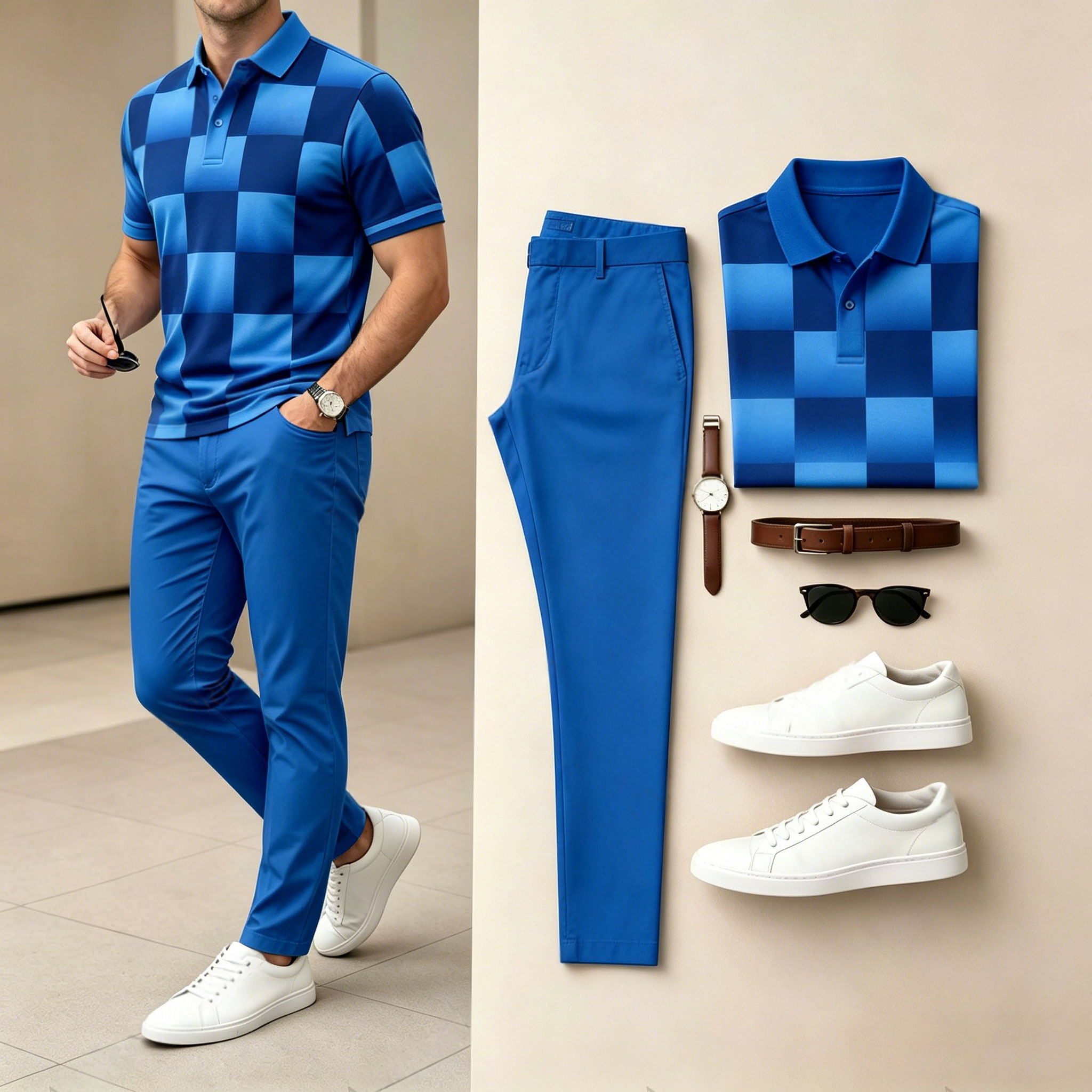 Conjunto de dos piezas casual Dark Blue a cuadros estampado camisa polo And pantalón para hombre