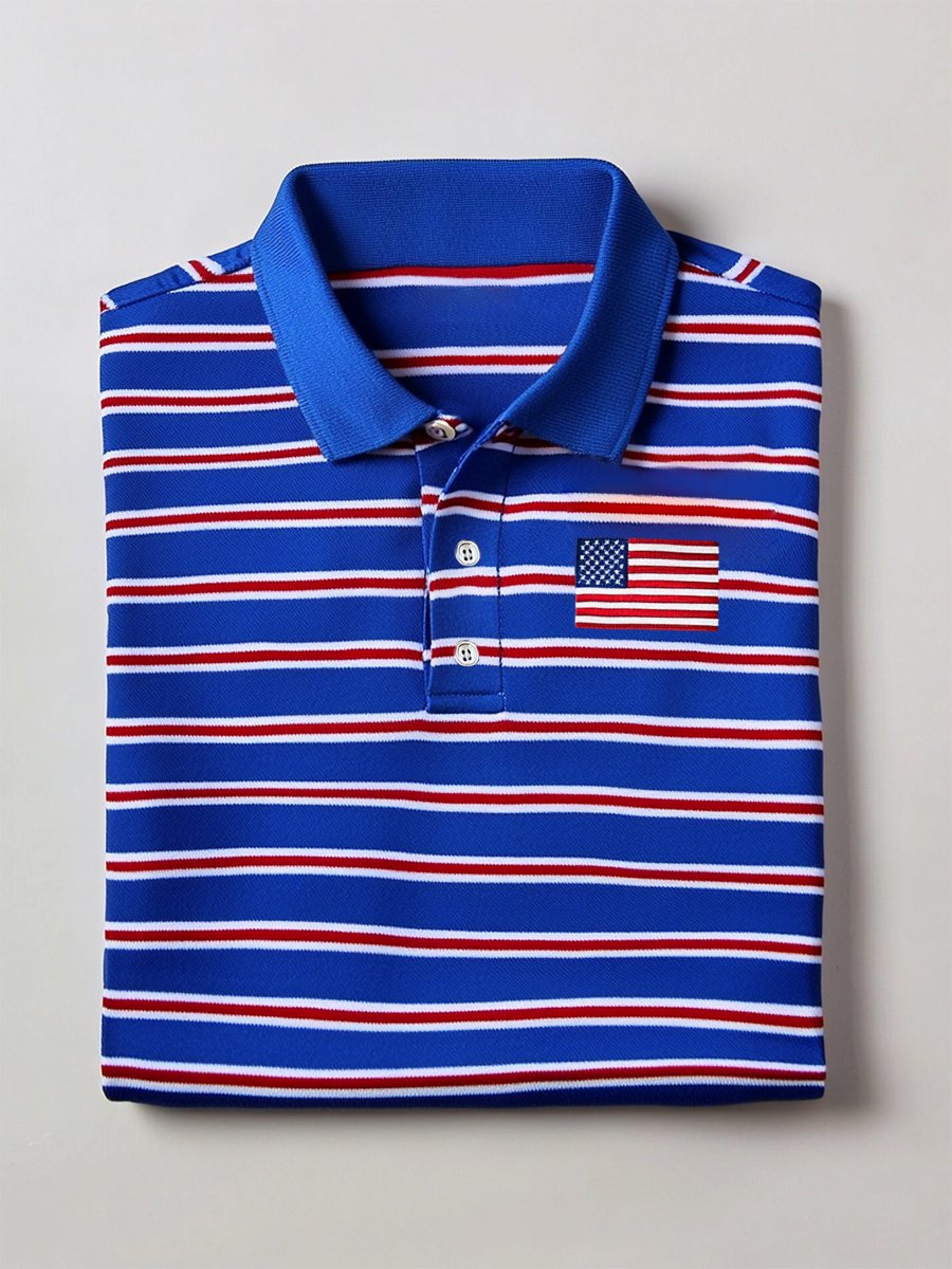 Camisa polo ejecutivo casual Independence Day a rayas Button de manga corta para hombre