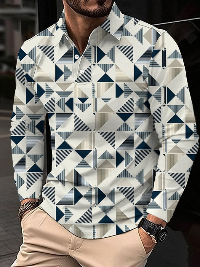Ejecutivo Style geométrico estampado de manga larga Polo para hombre