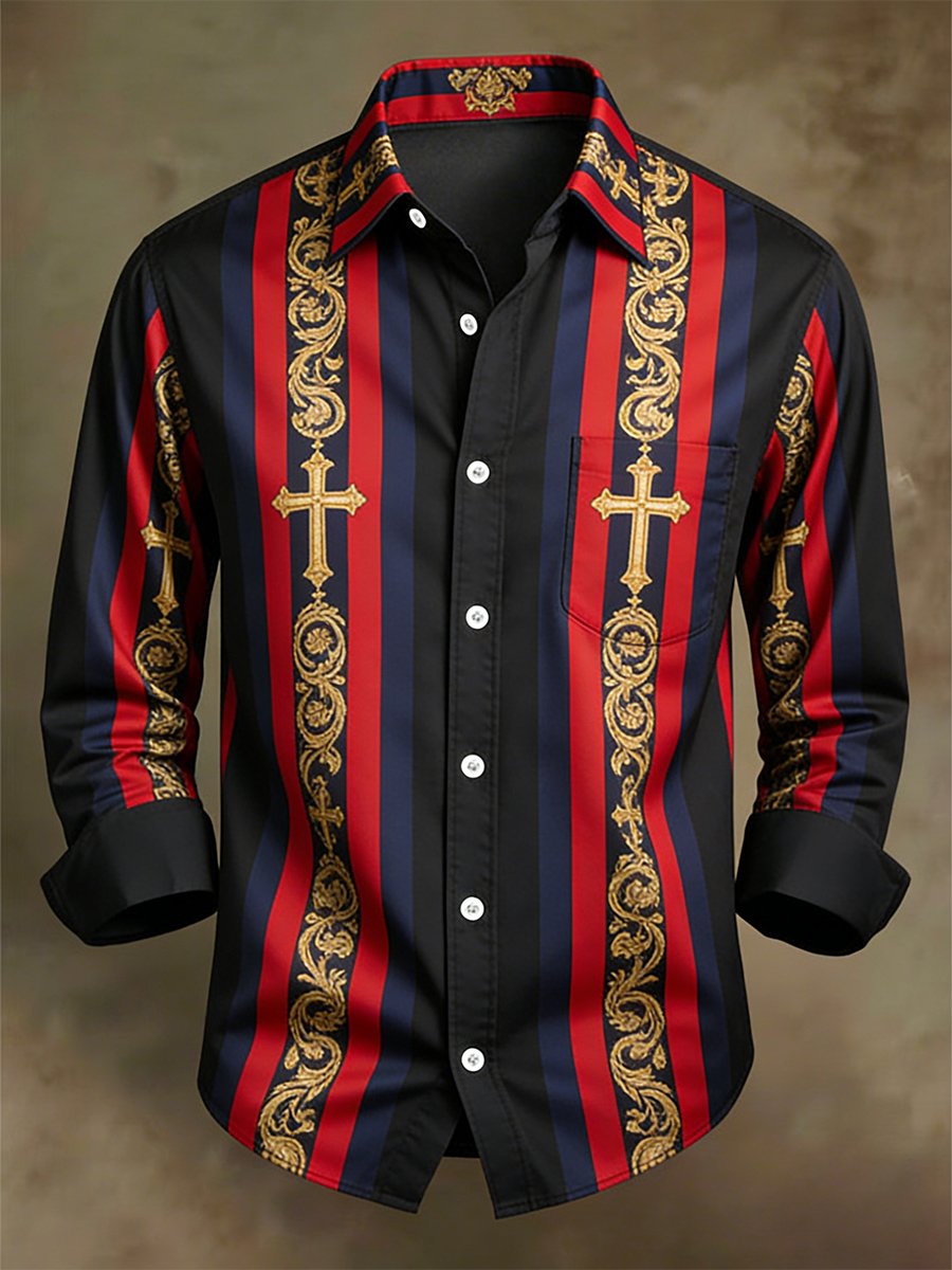 Camisa retro ejecutivo casual Baroque Faith a rayas de manga larga para hombre