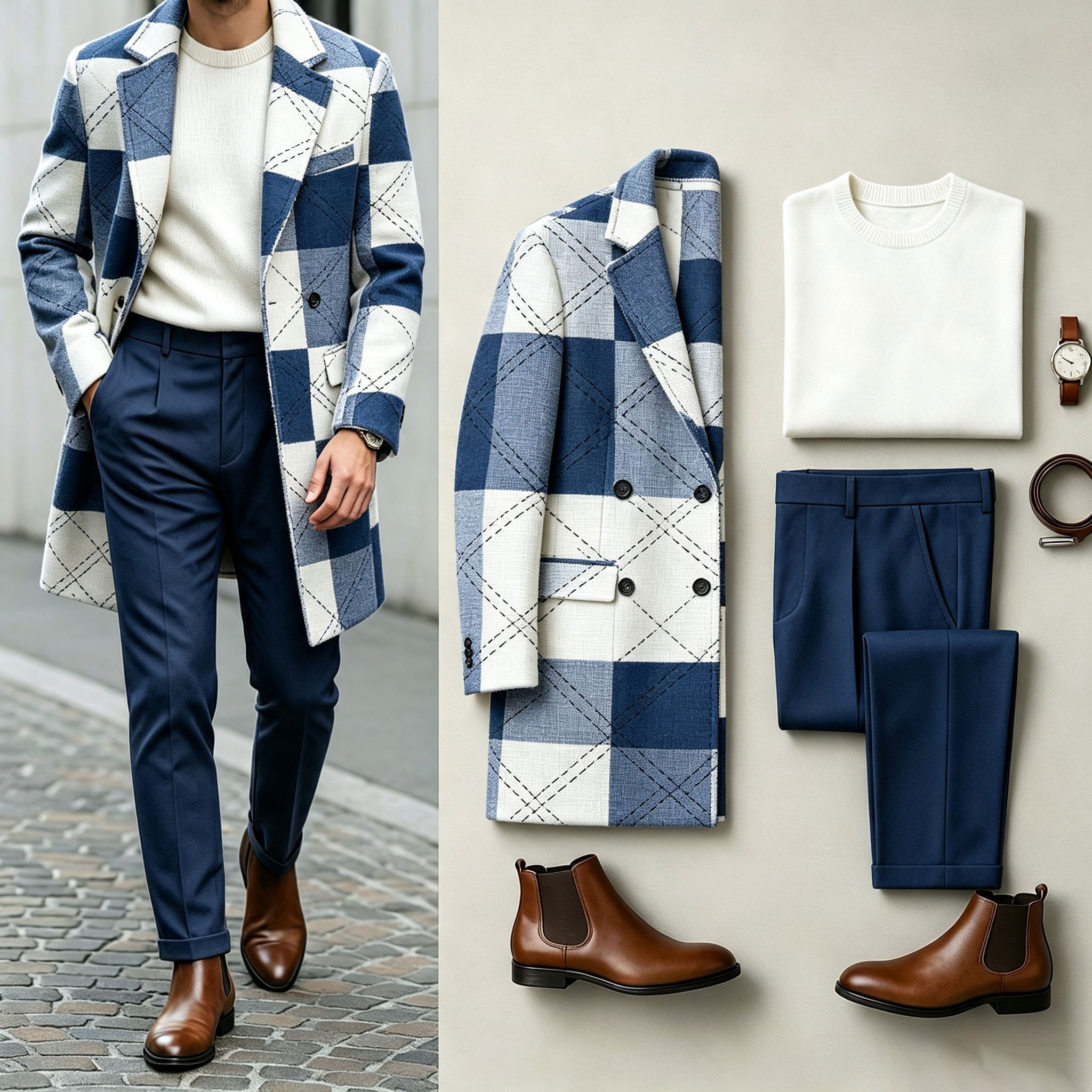 para hombre Three-Piece Set: Mid-Length Wool Coat, Crew-Neck Sweater, and Flowy Dress pantalón