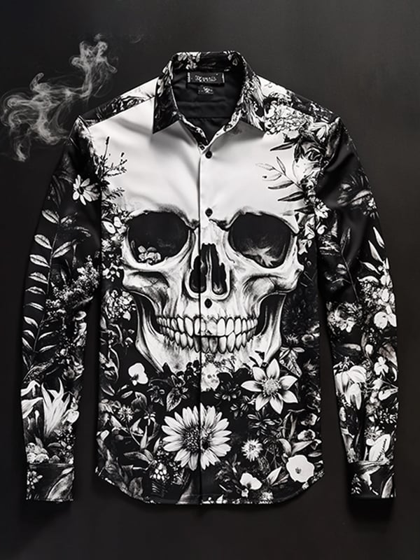Camisa para exterior vintage Skull and floral de manga larga para hombre