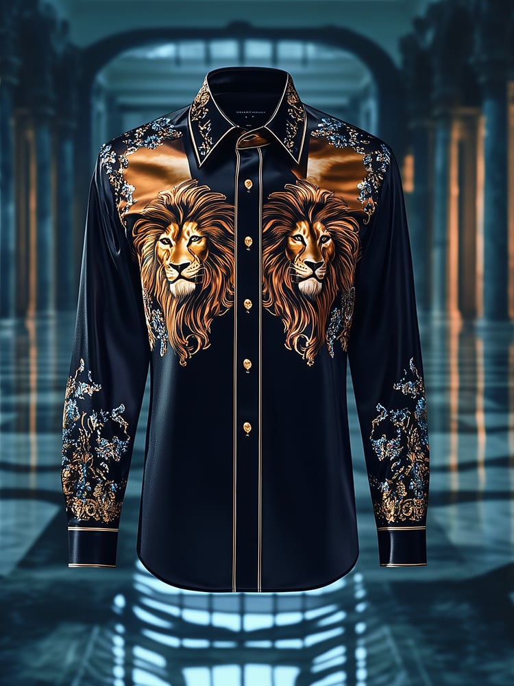 Camisa satén Luxe estampado de manga larga Button para hombre