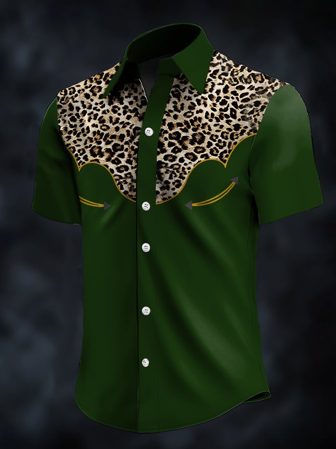Camisa retro Western Contrast estampado de manga corta casual para hombre