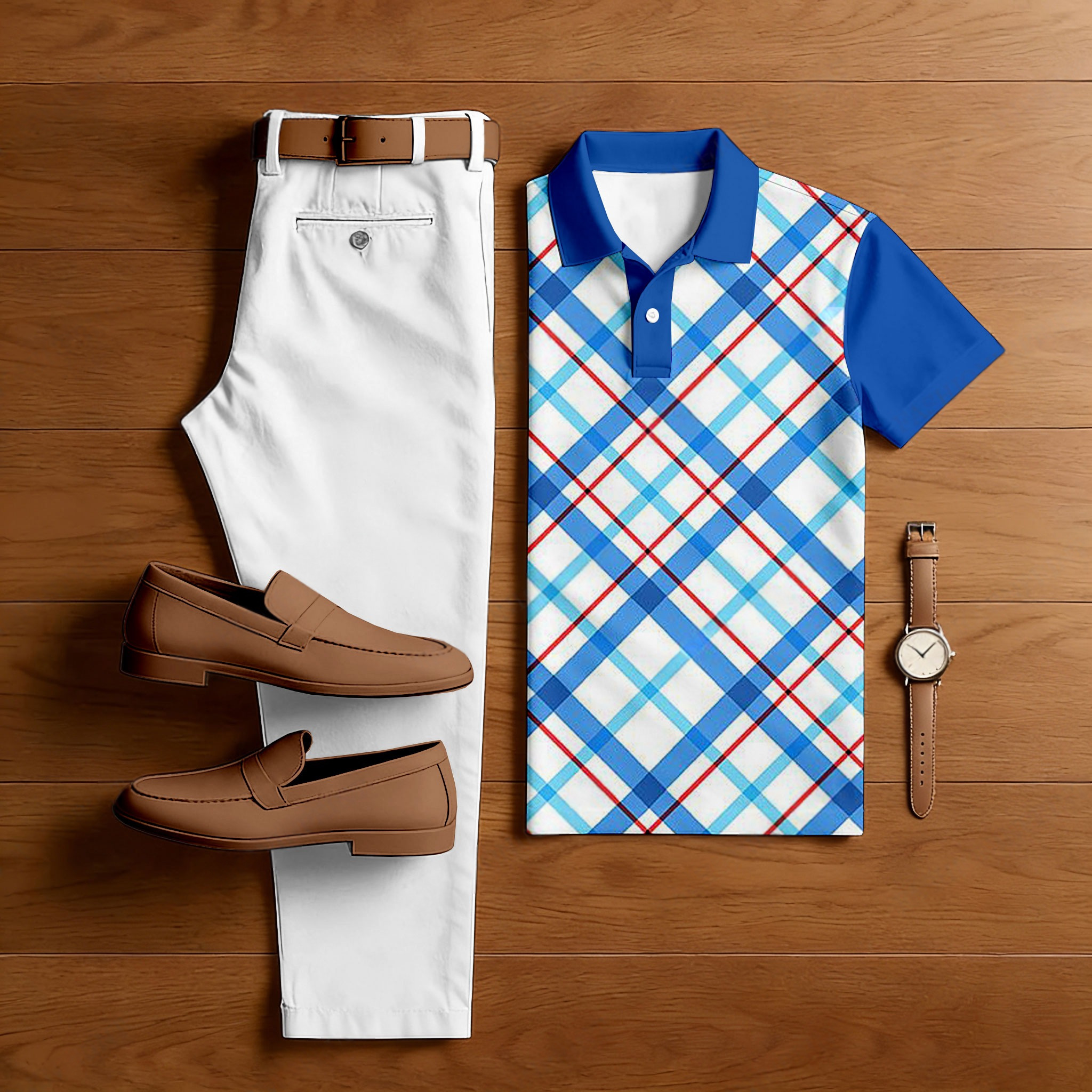 Conjunto de dos piezas casual Royal Blue & White Color Matching Checkered estampado de manga corta camisa polo & Trousers para hombre