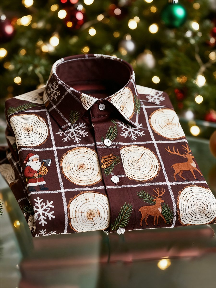 Camisa Christmas de manga larga con botones para hombre
