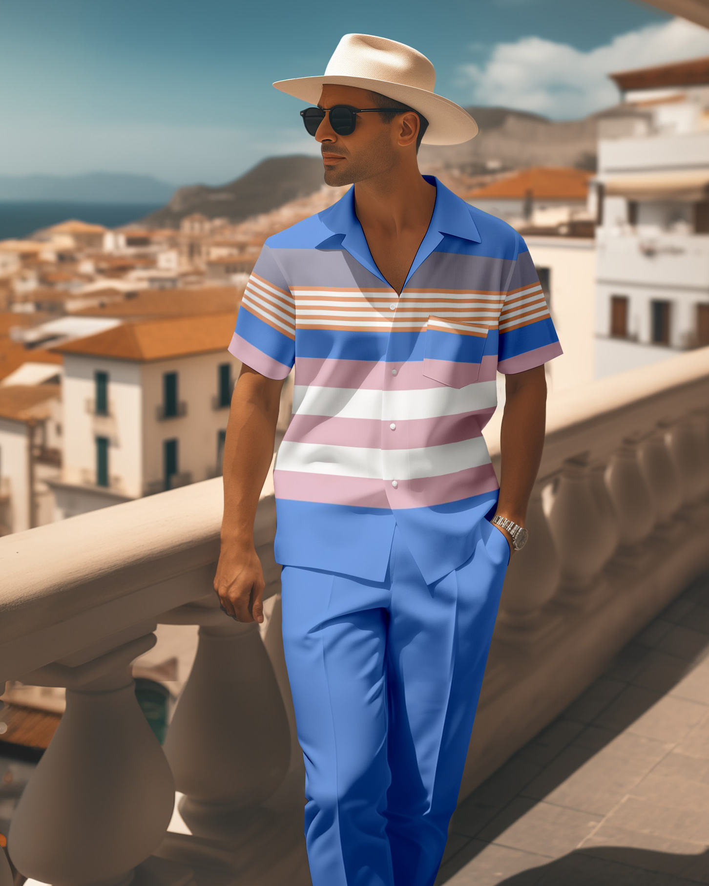 Camisa retro a cuadros Colorblock de manga corta Walking Suit 1665 para hombre
