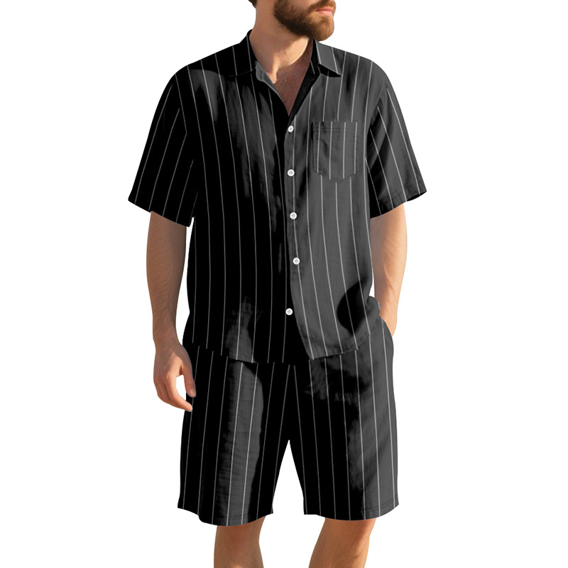 Conjunto de dos piezas a rayas de lino , casual de manga corta con botones camisa and Beach shorts Set, Lightweight transpirable Summer Outfit, holgado Fit Drawstring shorts, Comfortable elegante Set for Vacation Travel Resort para uso diario Wear Lounge para hombre