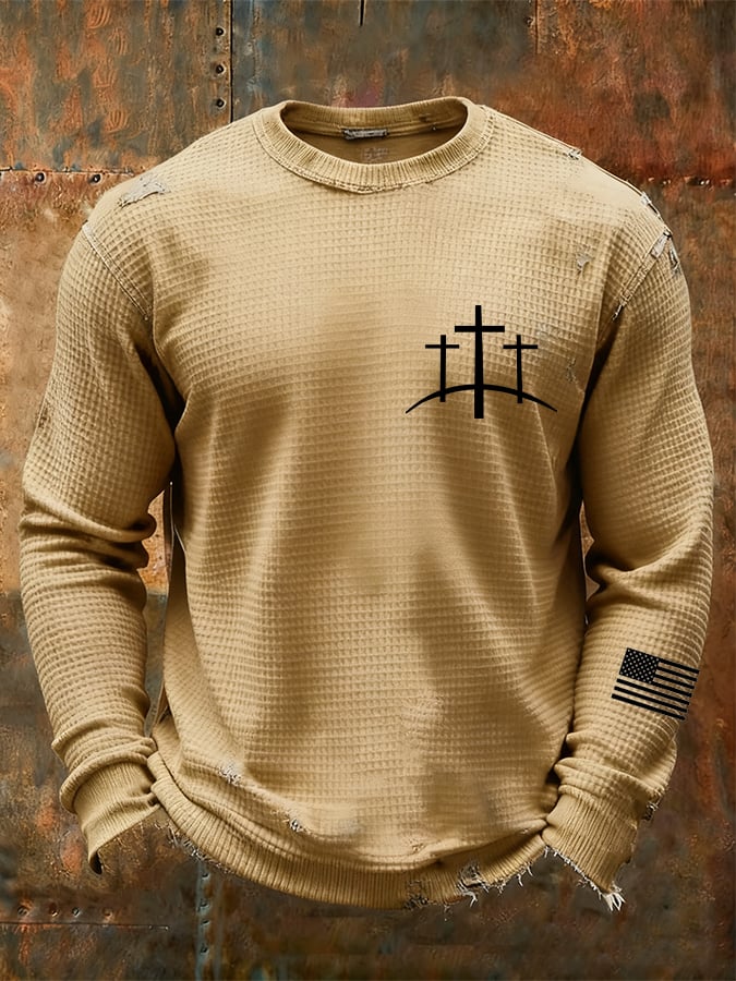Camiseta vintage Faith Cross Design Waffle Fabric de manga larga para hombre