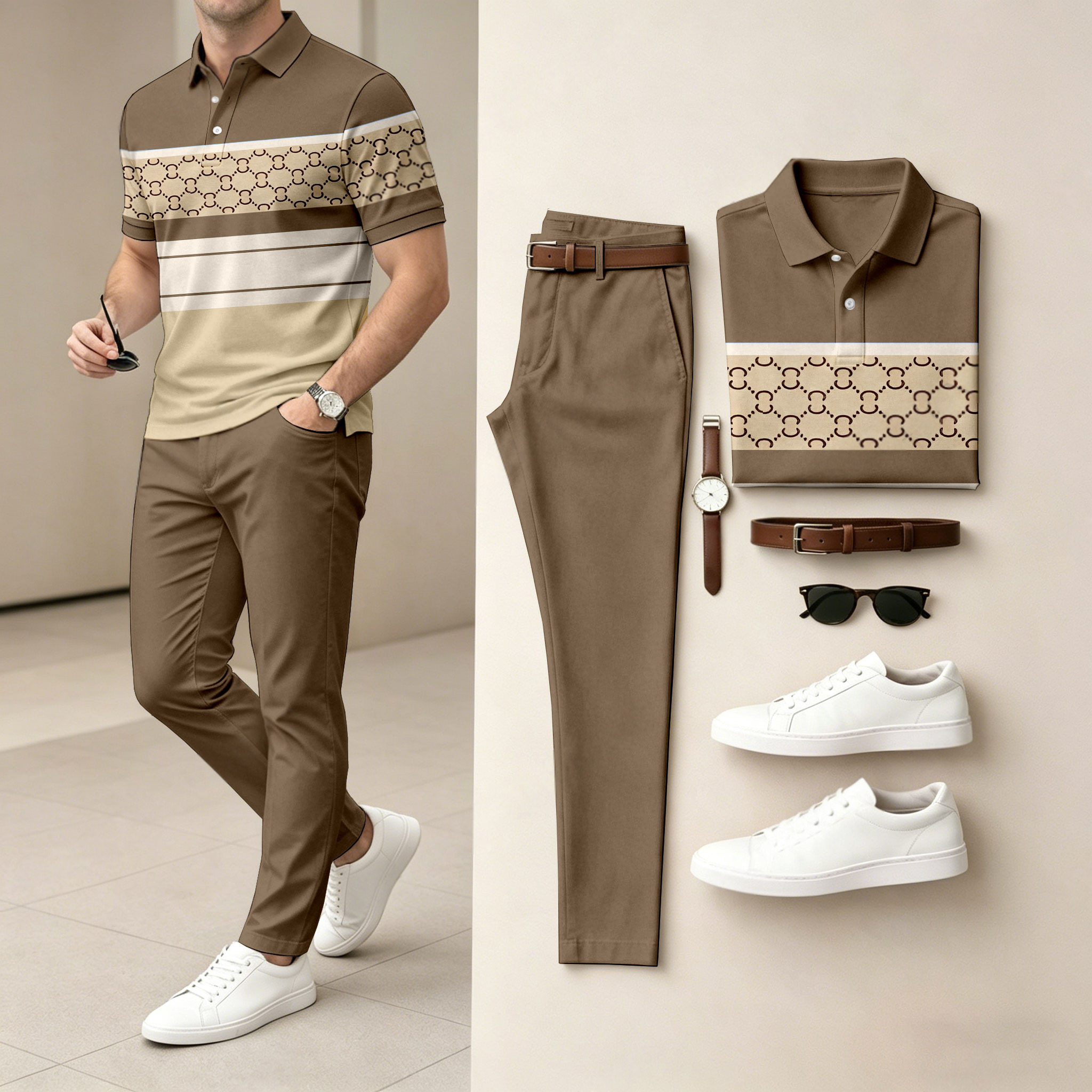 Conjunto de dos piezas casual Khaki a cuadros estampado camisa polo And pantalón para hombre