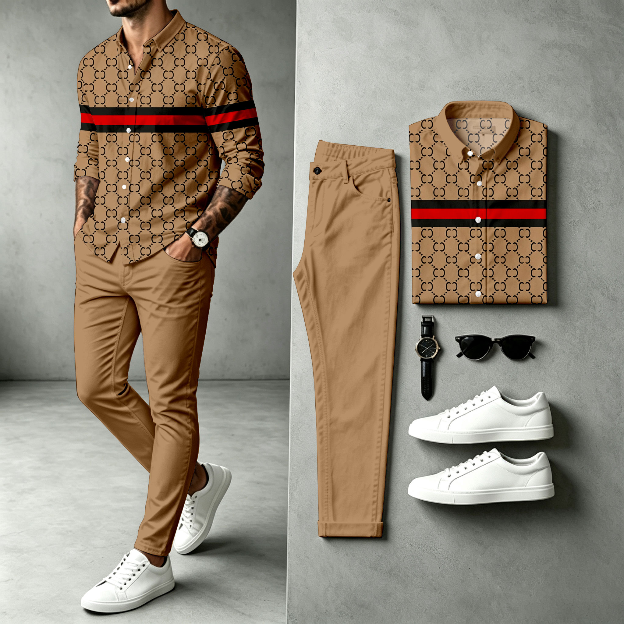 Camisa Patchpara trabajo de manga larga and pantalón Set para hombre