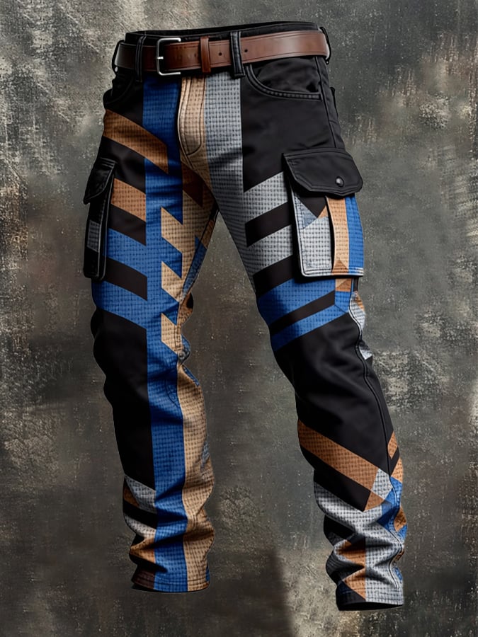 Pantalón retro en bloques de color desgastado bolsillo Cargo para hombre