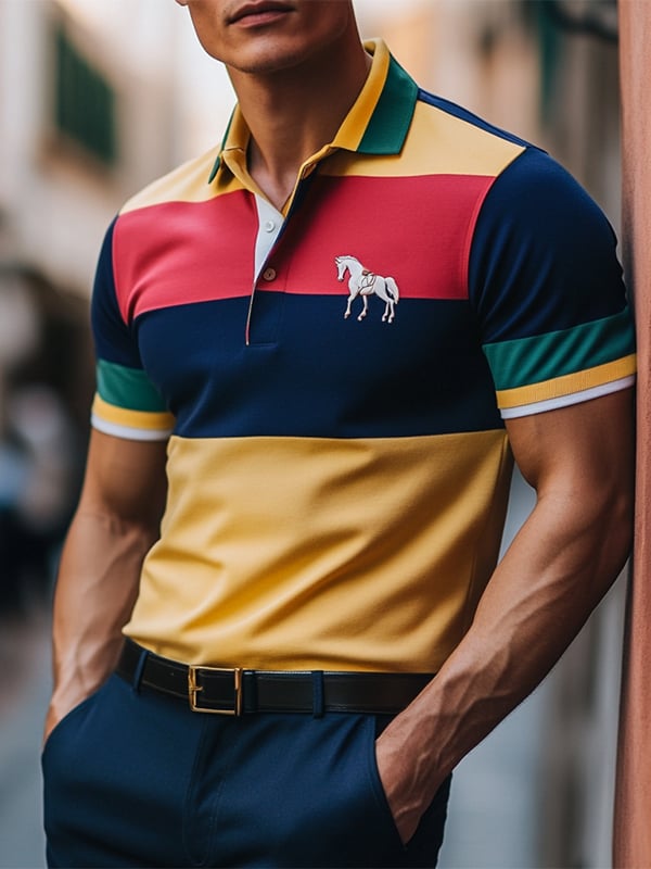 Camisa polo ejecutivo rayas Logo con botones de manga corta para hombre