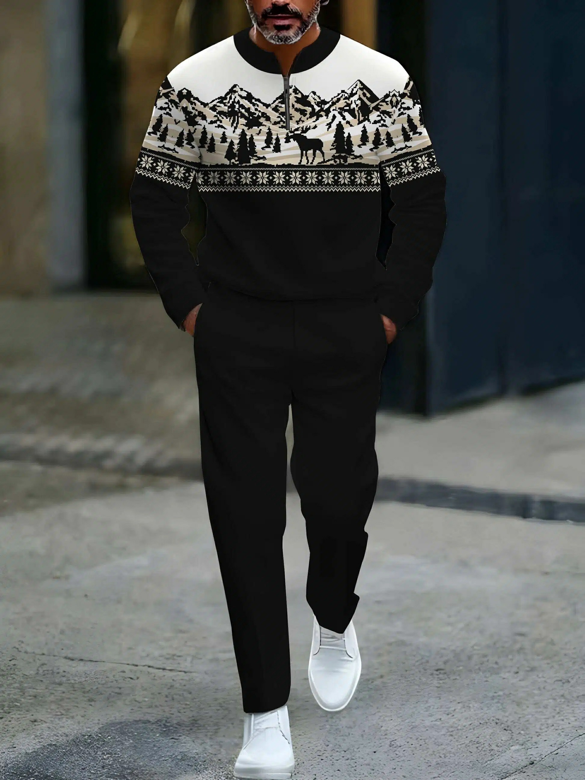 Conjunto de dos piezas casual Black & White Color Matching Elk Christmas estampado Round-Neck Zipper de manga larga sudadera & Trousers para hombre