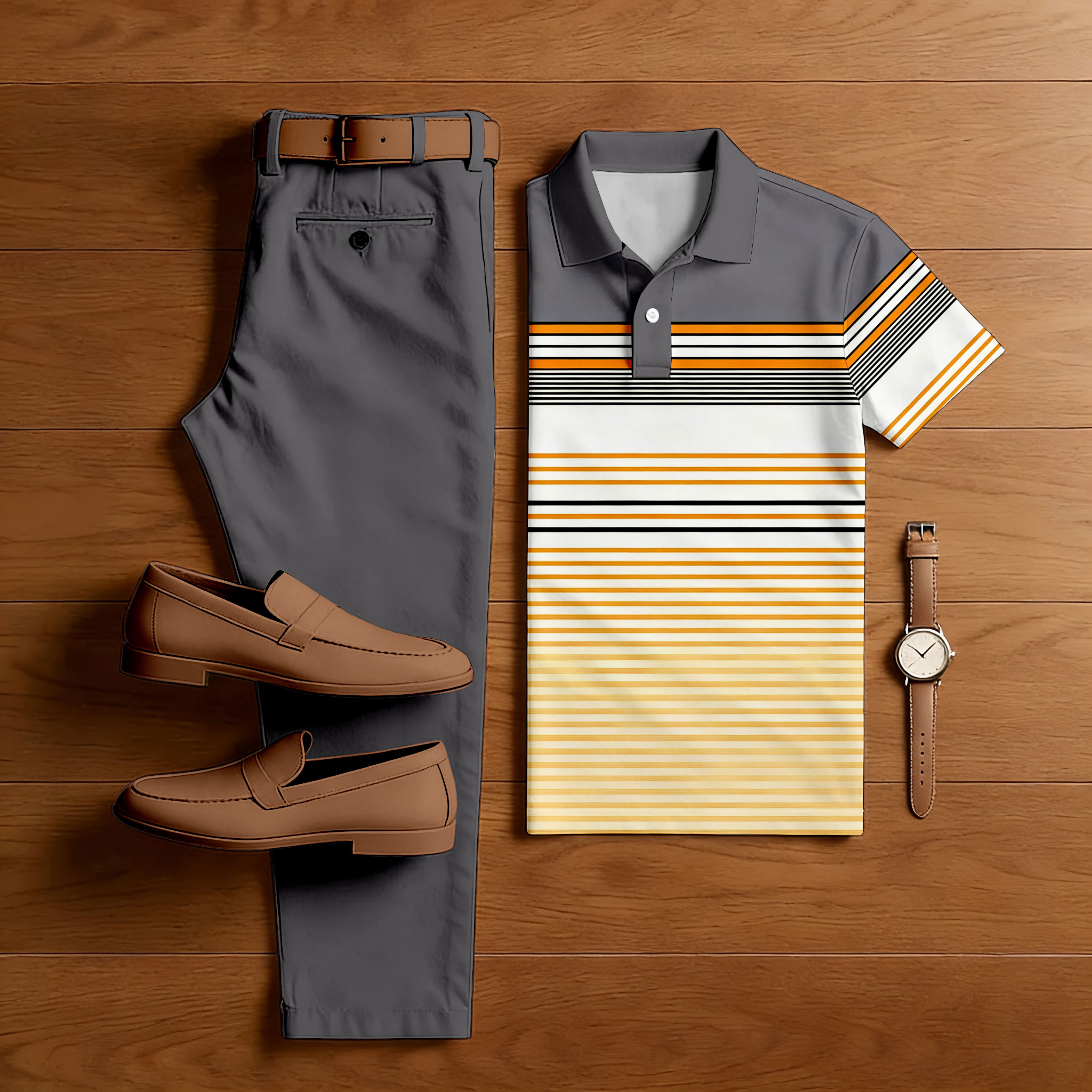 Conjunto de dos piezas casual Gray & Yellow Color Matching a rayas estampado de manga corta camisa polo & Trousers para hombre