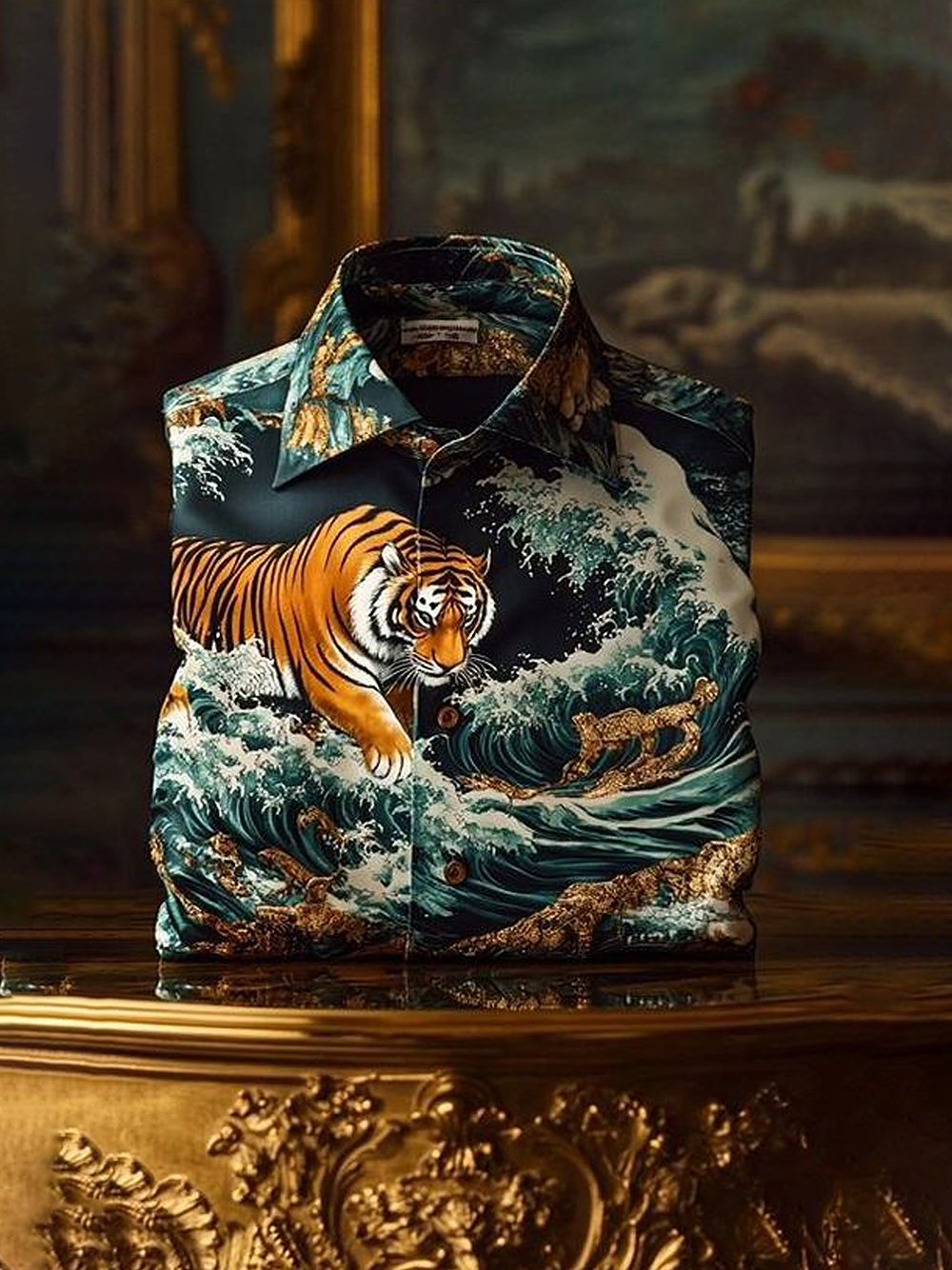 Camisa ejecutivo casual wave tiger solapa de manga corta para hombre