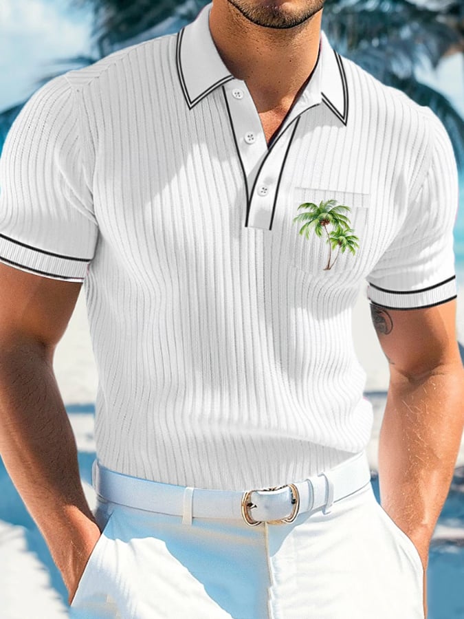 Casual Vacation Coconut Tree a rayas Polo para hombre