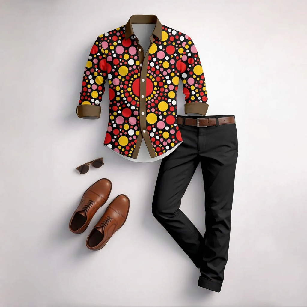 Conjunto de dos piezas casual Black Polka Dot estampado de manga larga camisa And Trousers para hombre