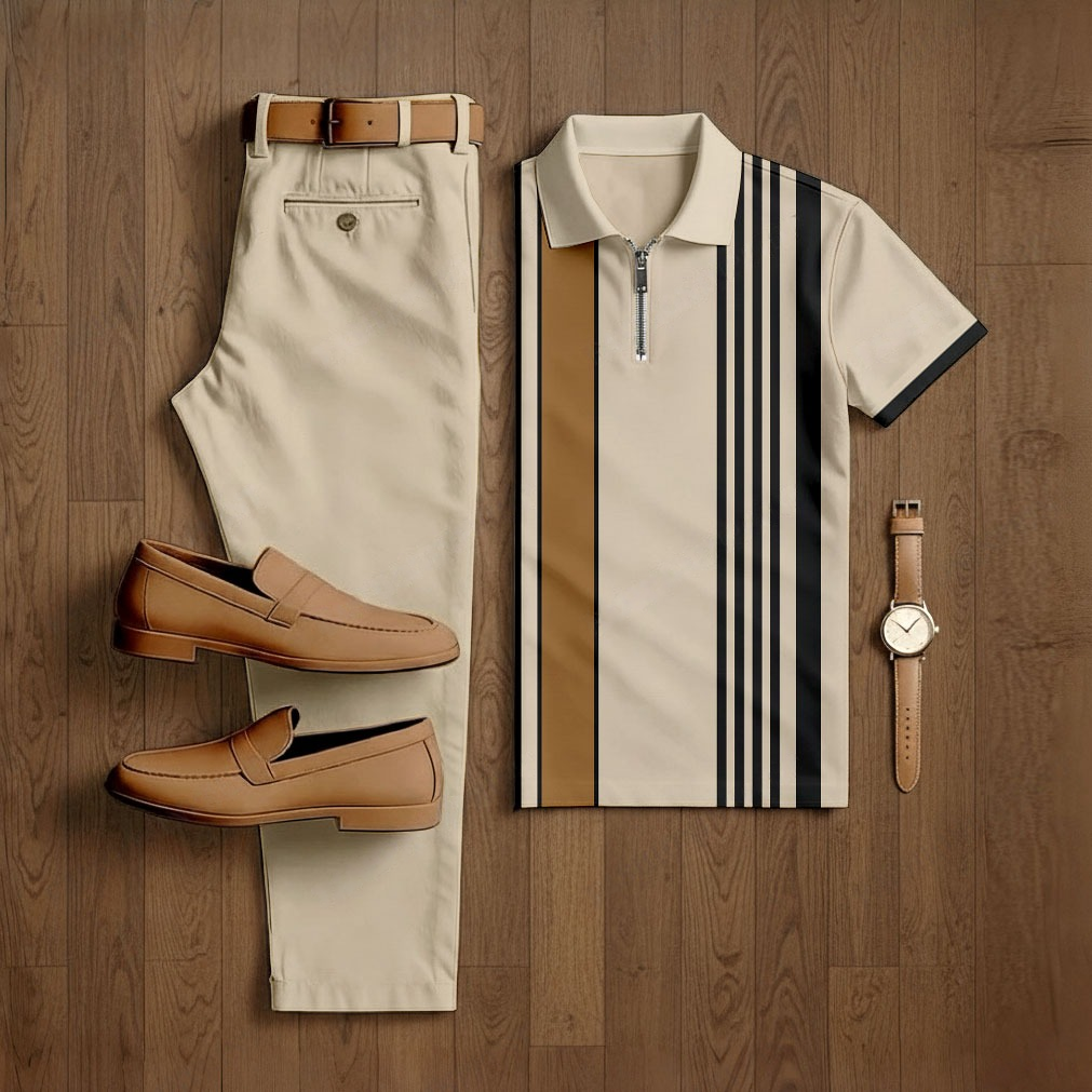 para hombre casual Apricot Color Matching a rayas estampado de manga cortad camisa polo & Trousers conjunto de dos piezas