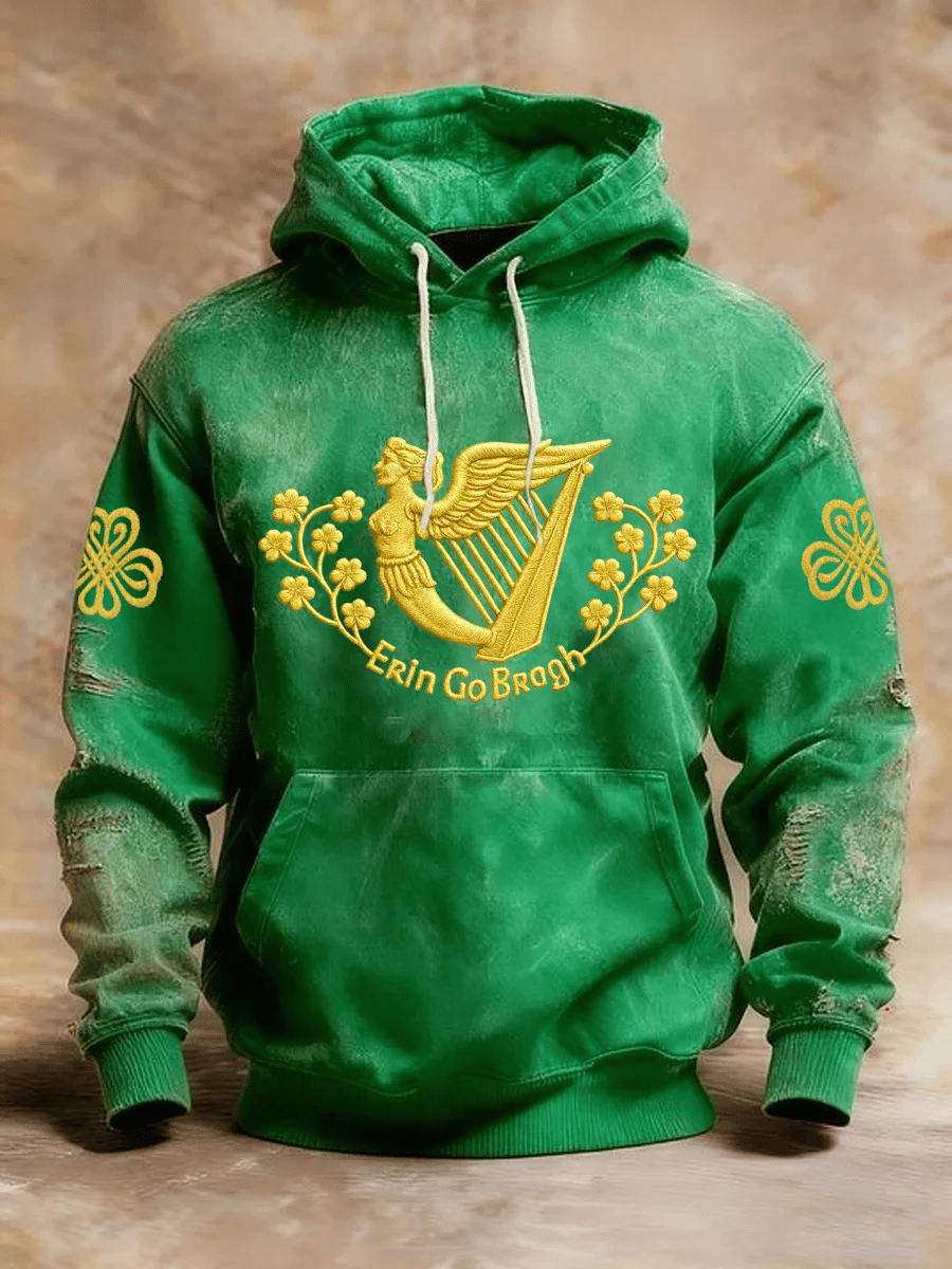 Sudadera retro St. Patrick estampado casual con gorrasucha para hombre