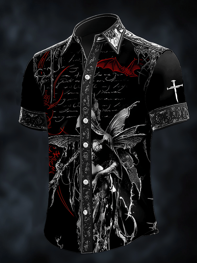 Camisa Dark Skull estampado satén de manga corta para hombre