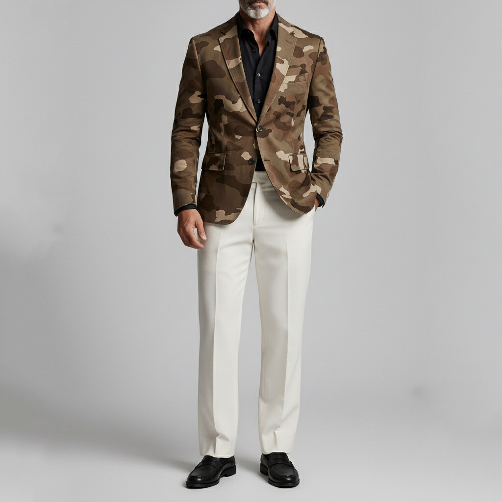 Saco retro Camouflage estampado Notched Lapel Two Button Slim de manga larga para hombre
