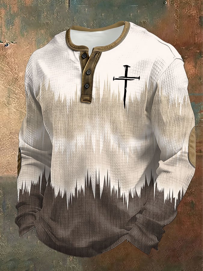 Camisa vintage degradado Cross estampado Waffle Fabric Henley para hombre