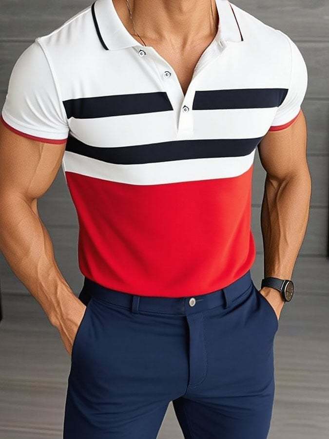 Camisa polo casual clásico a rayas estampado ejecutivo de manga corta para hombre - vista 1