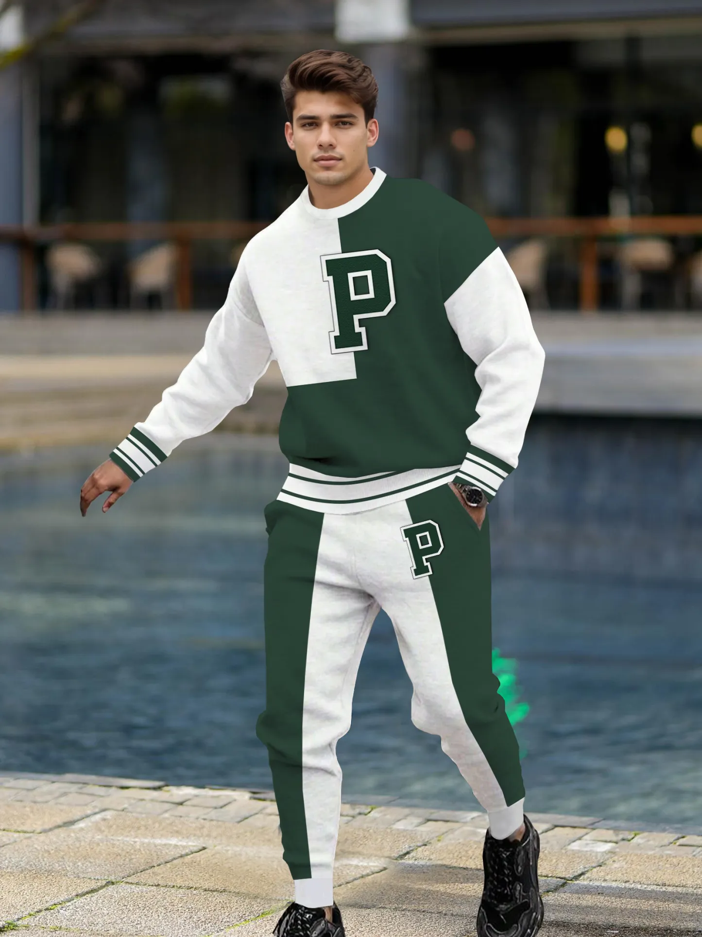 Simple Colorblock Round Neck casual Sports Set 0135 para hombre