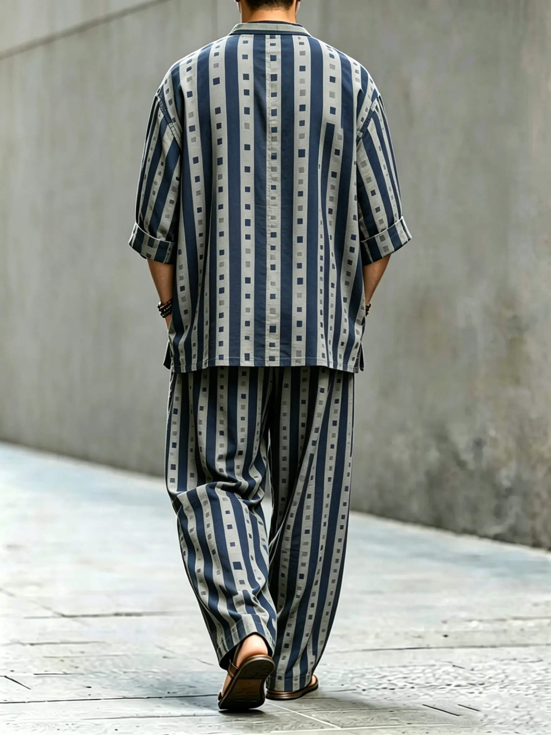 para hombre vintage Abstract Art estampado de algodón camisa Set (Top & pantalón)